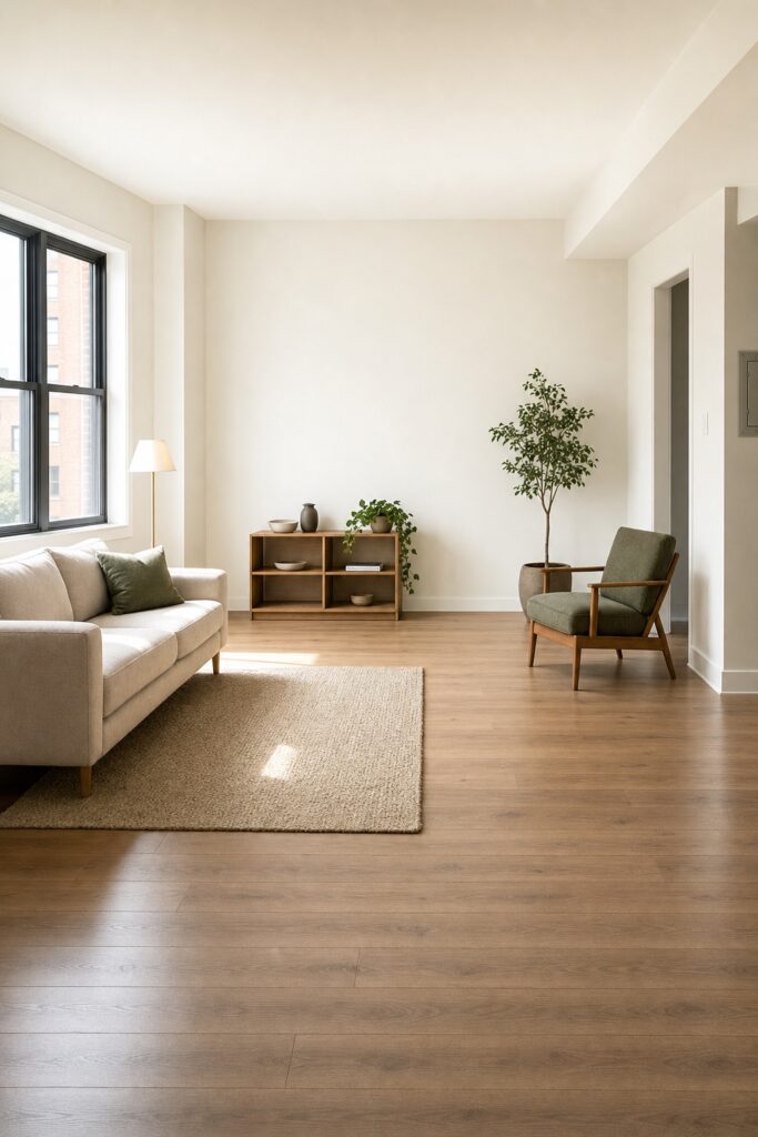 Edited first-apartment room with deliberate breathing room: a few well-chosen pieces, clear floor space, one plant, and light walls.