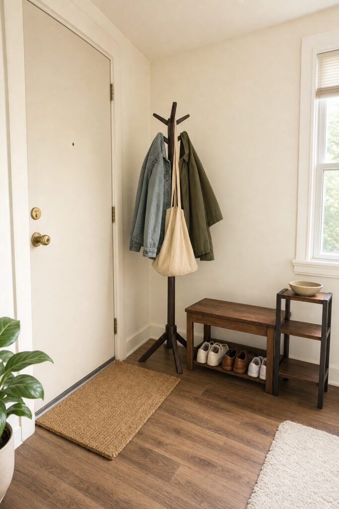 First-apartment entry with the essentials: a doormat, a freestanding coat rack, a small wood bench with shoes tucked beneath, and a shelf with a catch-all bowl.