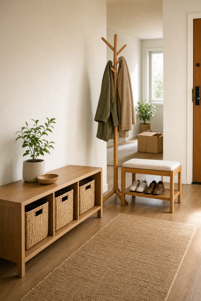 First-apartment entry storage: a low wood shelf with woven baskets, a freestanding coat rack, and a bench with shoes tucked beneath.