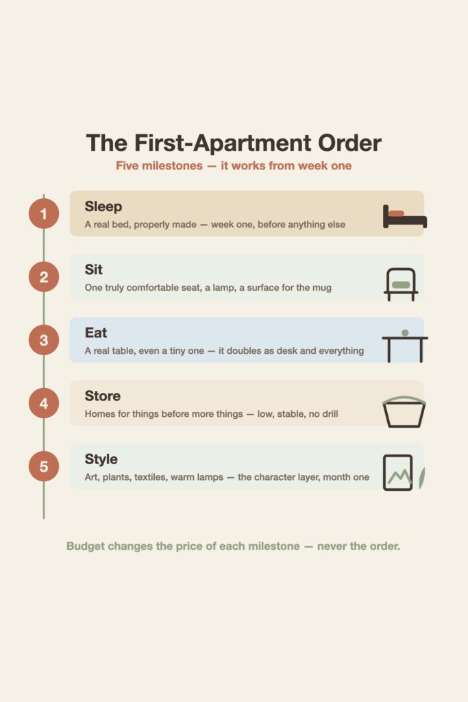 Diagram of the five first-apartment milestones in order: sleep, sit, eat, store, and style, each with a short good-enough goal.