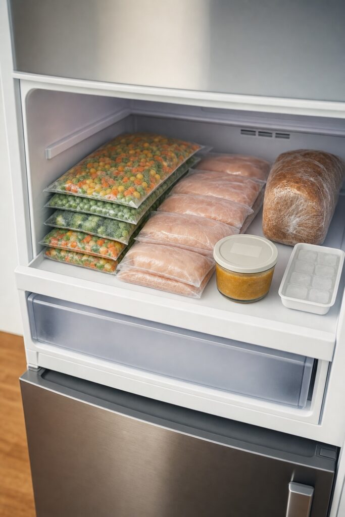 Apartment freezer with flat-stacked bags of frozen vegetables, portioned chicken in freezer bags, a wrapped bread loaf, a container of frozen soup, and an ice tray.