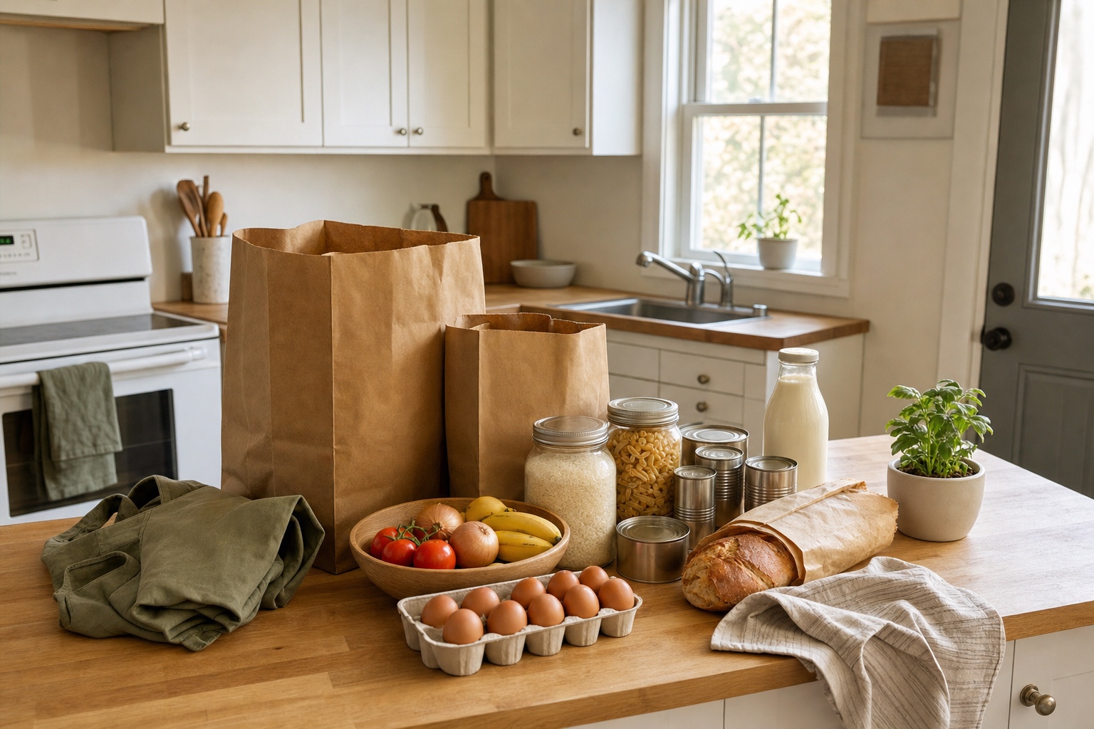 Small first-apartment kitchen with one grocery haul on the butcher-block counter: kraft bags, a bowl of produce, eggs, glass jars of rice and pasta, plain cans, bread, and milk.