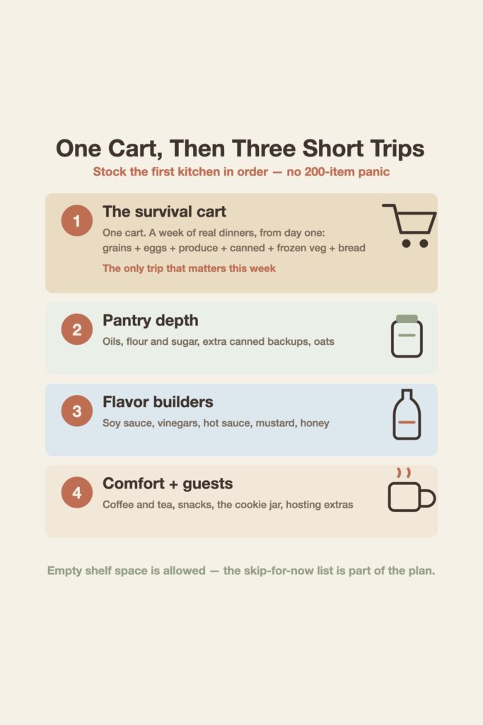 Diagram of the first apartment grocery plan: one survival cart first, then three short trips for pantry depth, flavor builders, and comfort items.