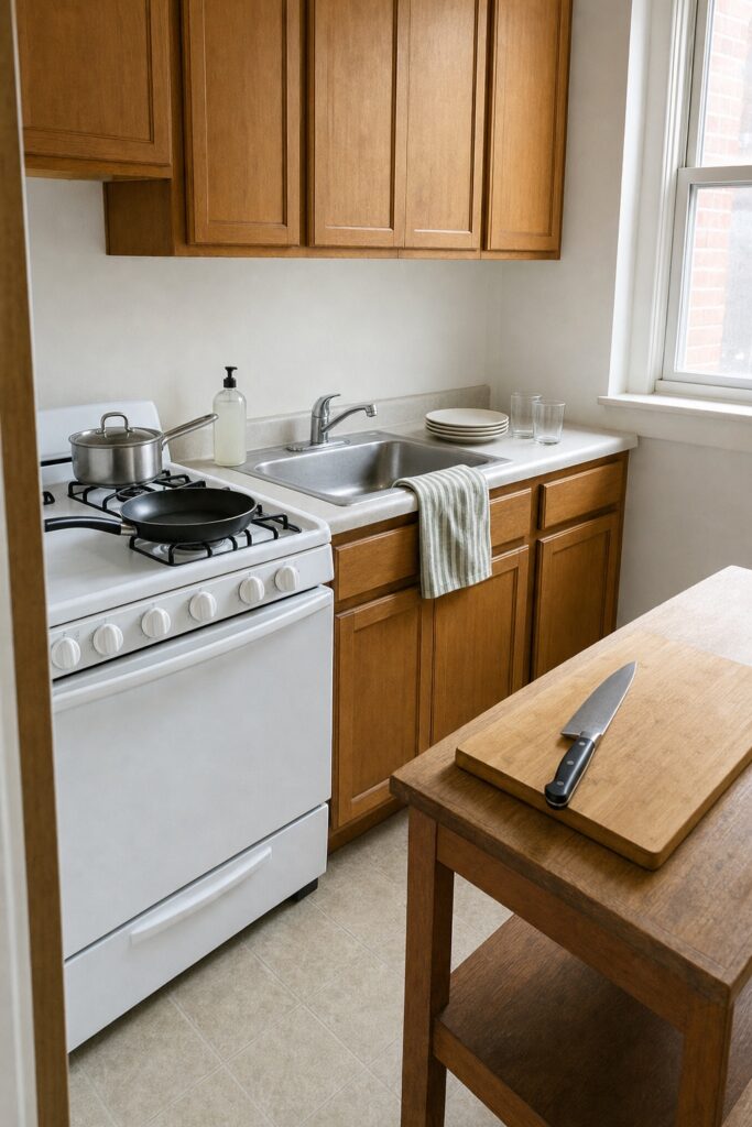 Starter kitchen kit in a small first-apartment kitchen: a skillet and saucepan on the stove, a chef's knife on a wood cutting board, stacked plates, and a dish towel by the sink.