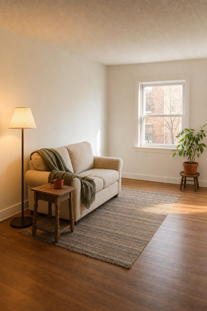 Week-one first-apartment living room: a small oatmeal loveseat, a warm floor lamp, a thrifted wood side table, and a flat-woven rug, with open space left in the room.