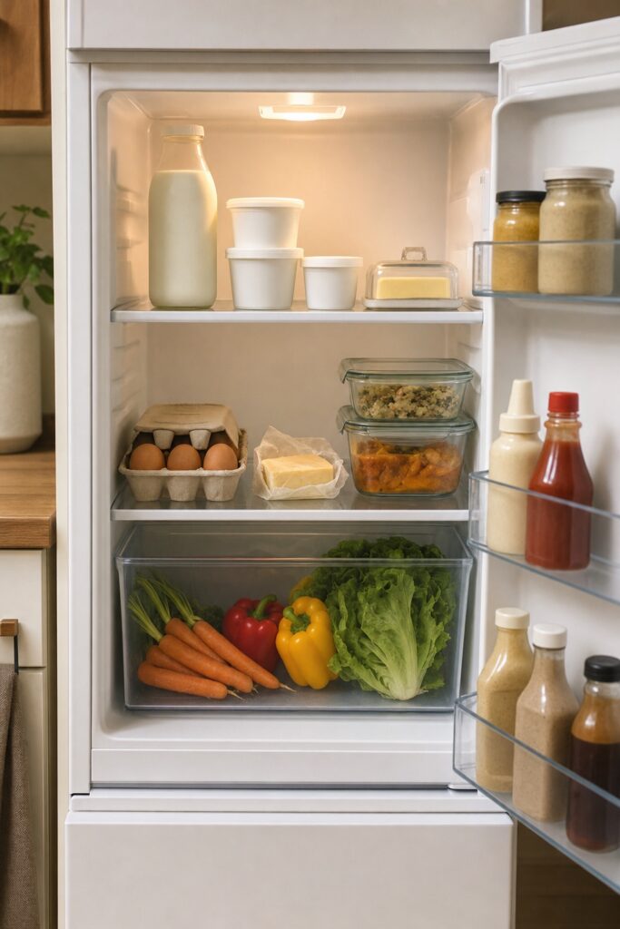 Small apartment fridge stocked with basics: milk, plain tubs of yogurt, butter, eggs, cheese, two glass leftover boxes, and a crisper of vegetables — with sensible empty space.
