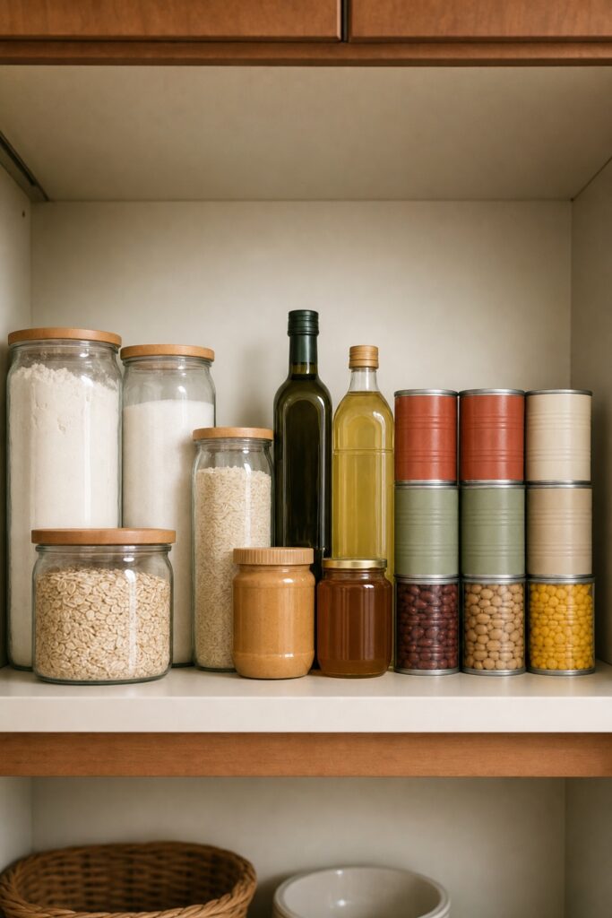 First-apartment pantry shelf after trip two: jars of flour, sugar, rice and oats, olive oil, peanut butter, honey, and a stack of plain unbranded cans.