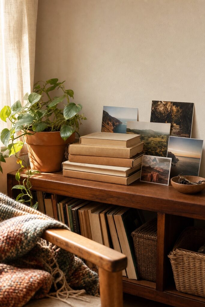 Personal corner in a first apartment: propped photo prints and postcards on a shelf, favorite books, a small plant, and a knitted throw over a chair arm.