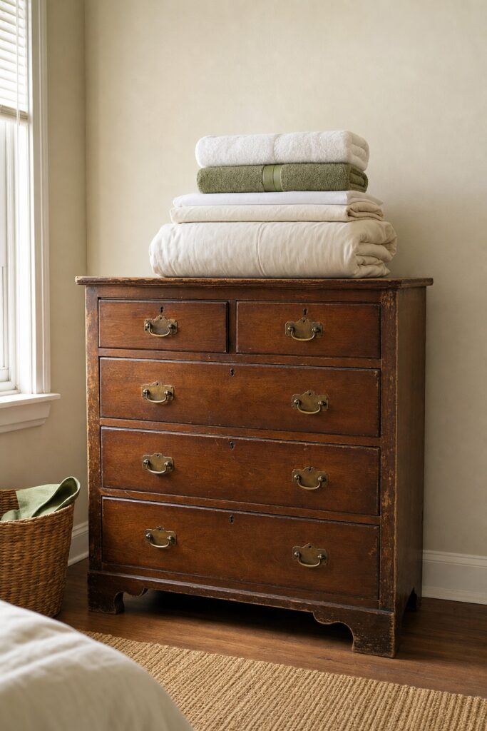 Save-versus-spend in a first apartment: a thrifted solid-wood dresser with warm patina, topped with crisp new folded bedding and towels.