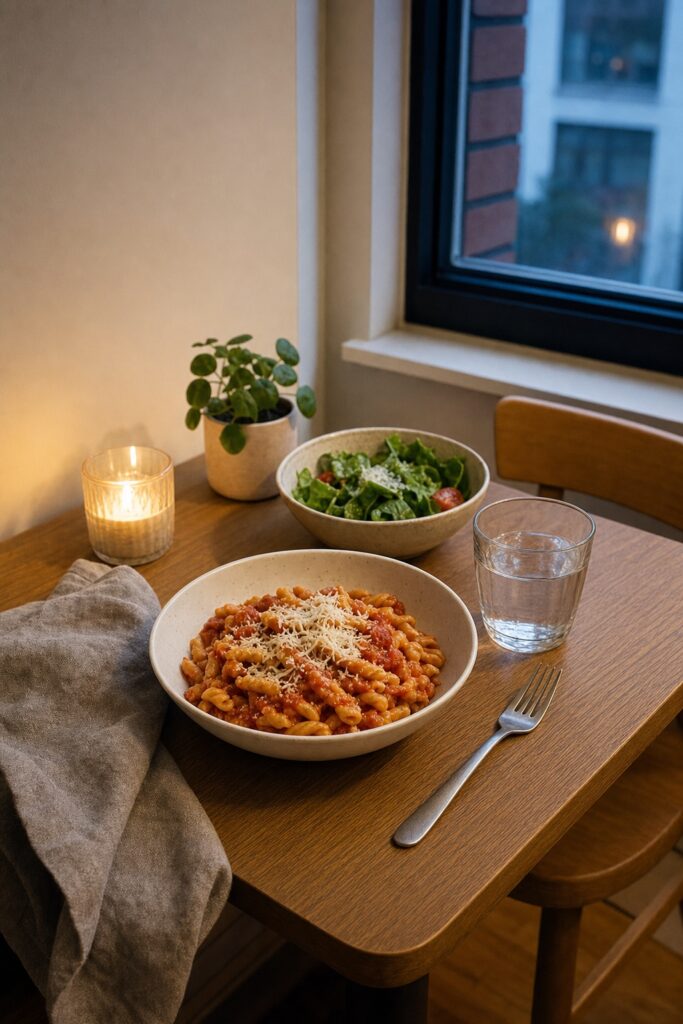 Simple first-apartment dinner from pantry staples: a bowl of tomato pasta with grated cheese, a side salad, and a candle on a small wood table by the window.