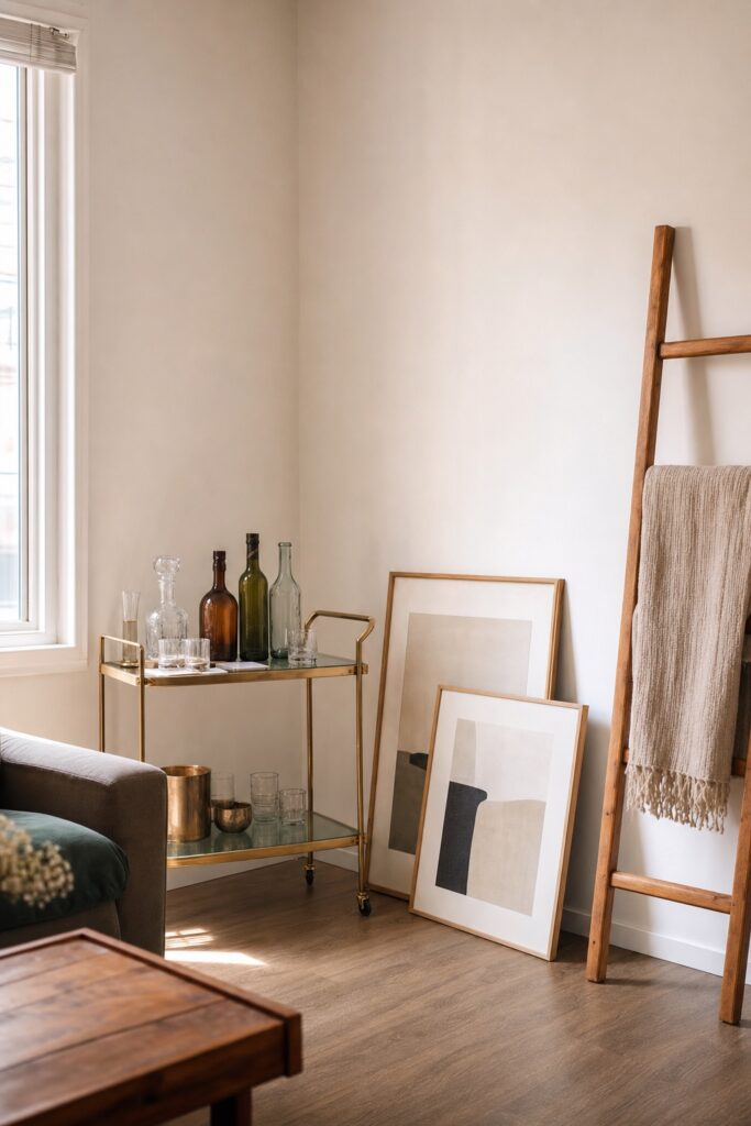 The first-apartment wait list in one corner: a small bar cart, oversized frames leaning against the wall, and a decorative ladder — the purchases that can wait.