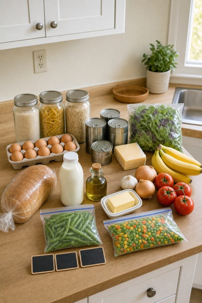One cart of first-apartment groceries grouped on the counter: jars of rice, pasta and oats, plain cans, eggs, bagged salad, cheese, produce, bread, milk, oil, butter, and two bags of frozen vegetables.