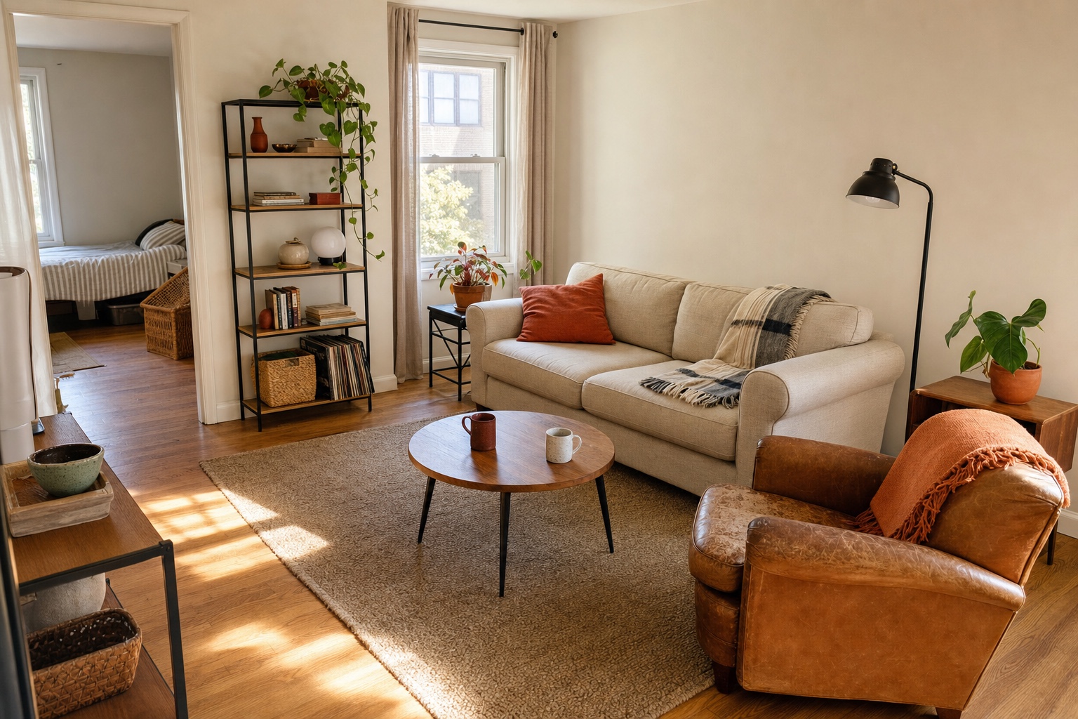 Shared first apartment living room combining two people's mismatched furniture into one warm, coordinated space
