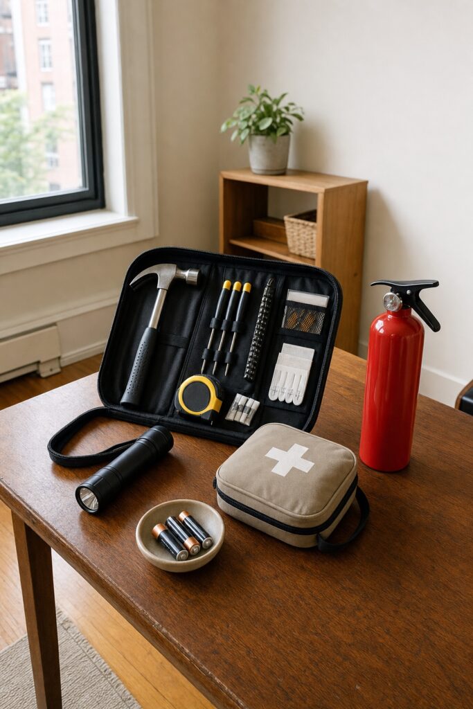 First-apartment tools and safety kit on a wood surface: a compact tool set, a flashlight, a first-aid pouch, spare batteries, and a small fire extinguisher.