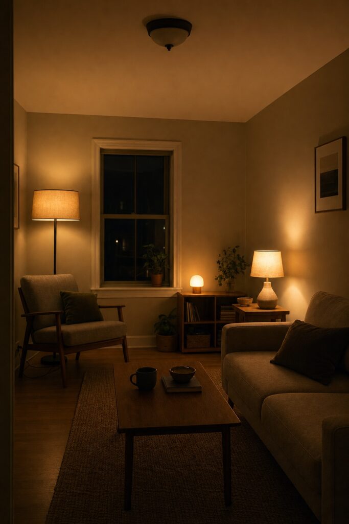 First-apartment living room at night lit only by three warm lamps at different heights — floor lamp, table lamp, and a small shelf lamp — with the overhead light off.