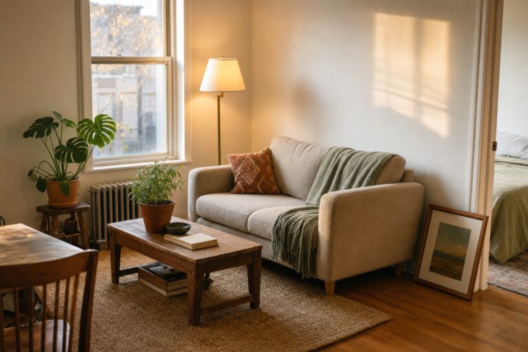 Warm first-apartment living space at golden hour: a small oatmeal loveseat with a sage throw, thrifted wood coffee table, floor lamp, leaning art, and plants by the window.