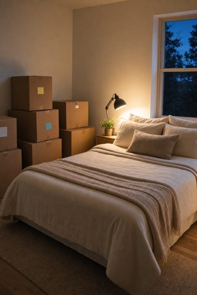 New bedroom on moving night: a fully made bed with pillows and a throw glowing under a small lamp while sealed moving boxes wait along the wall.