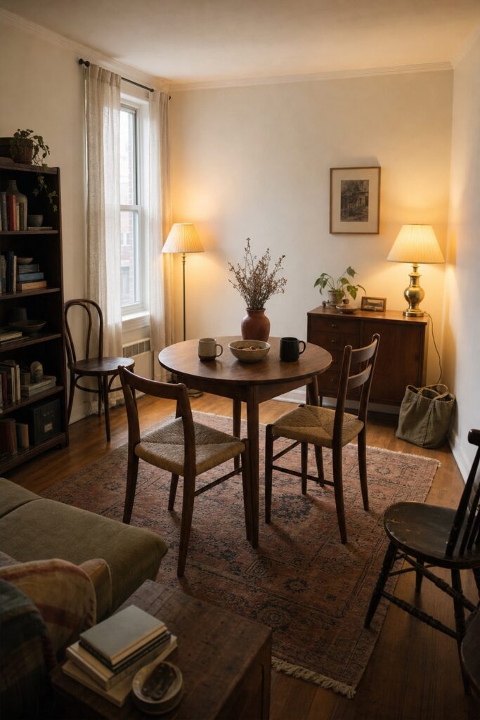 Small apartment dining table with two chairs and warm lamp light, the first piece a couple bought together
