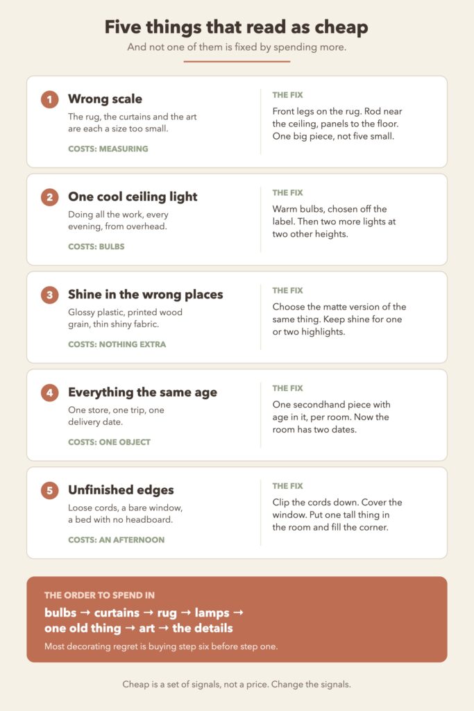 Diagram listing the five signals that make a room look cheap beside the cheapest fix for each