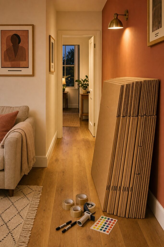 Hallway with flat-packed cardboard boxes leaning against the wall and tape rolls and markers on the floor, the rest of the home still unpacked