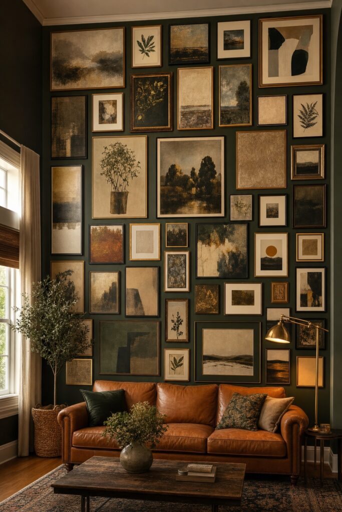 Floor-to-ceiling gallery wall on a deep green wall: wordless art in mixed frames covering the wall from sofa height to near the ceiling.