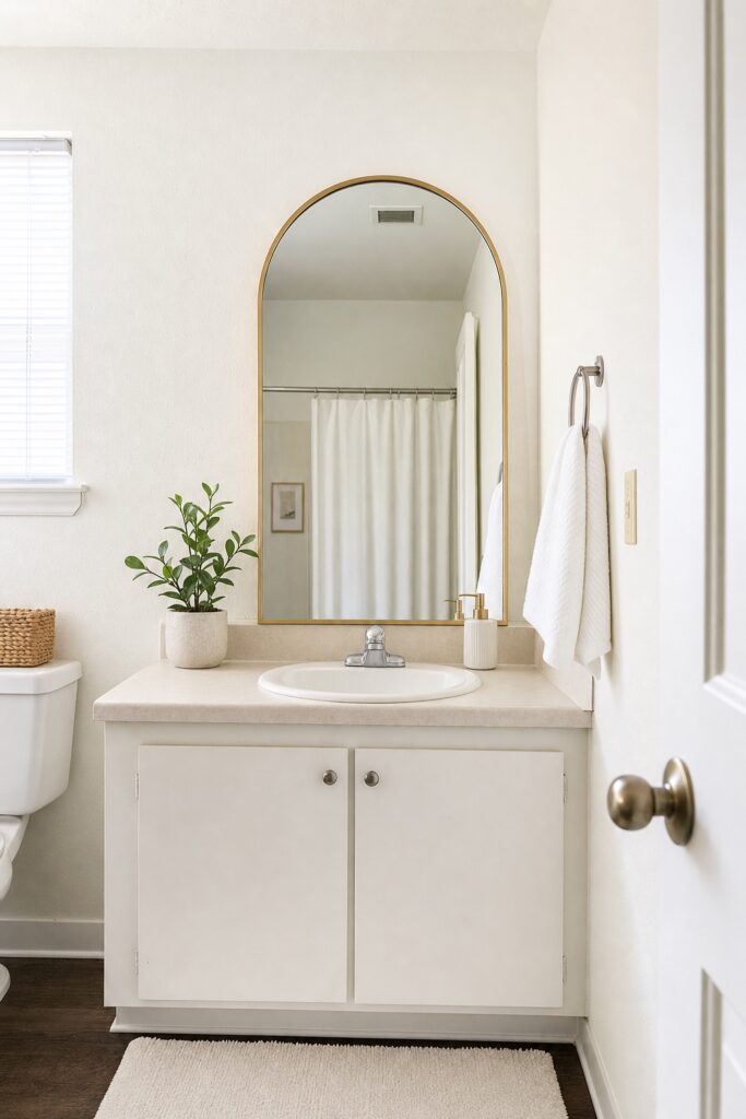 Quality arched framed mirror above the vanity standing out in a simple budget rental bathroom
