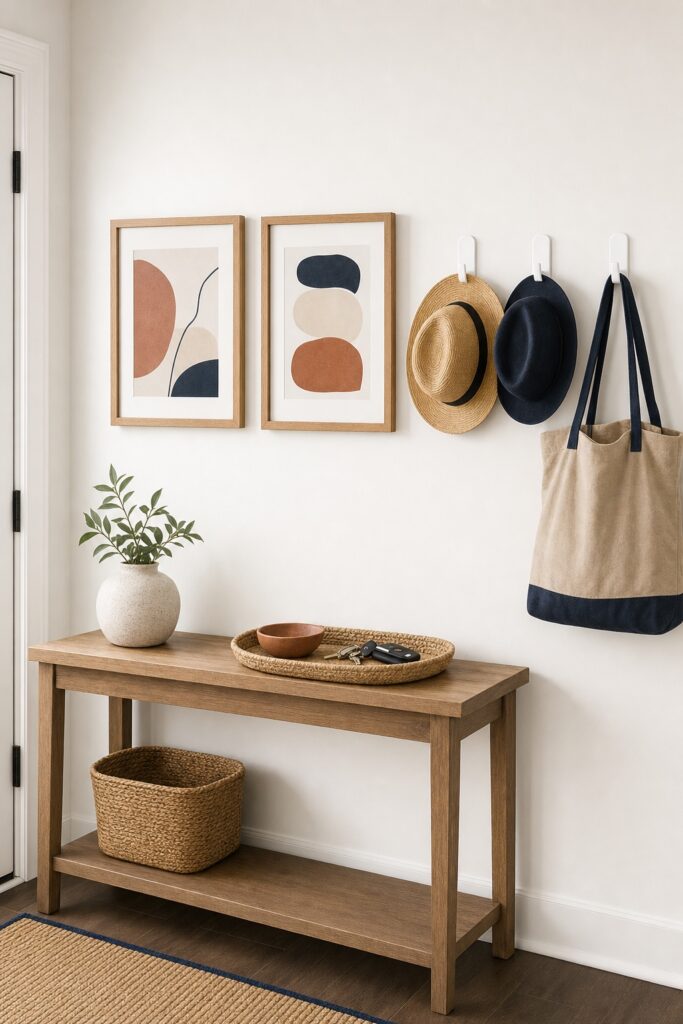 Framed prints and a row of hats hung on adhesive hooks in a rental entryway