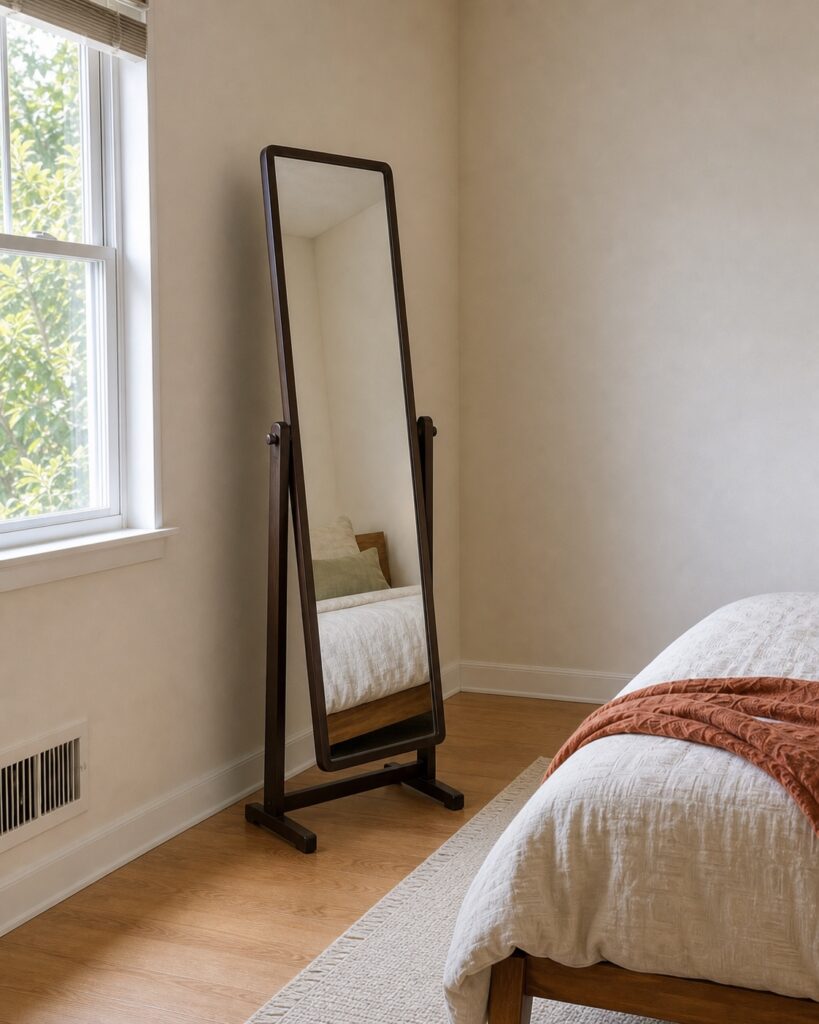 Freestanding cheval mirror beside a sunlit bedroom window, with its complete floor base visible