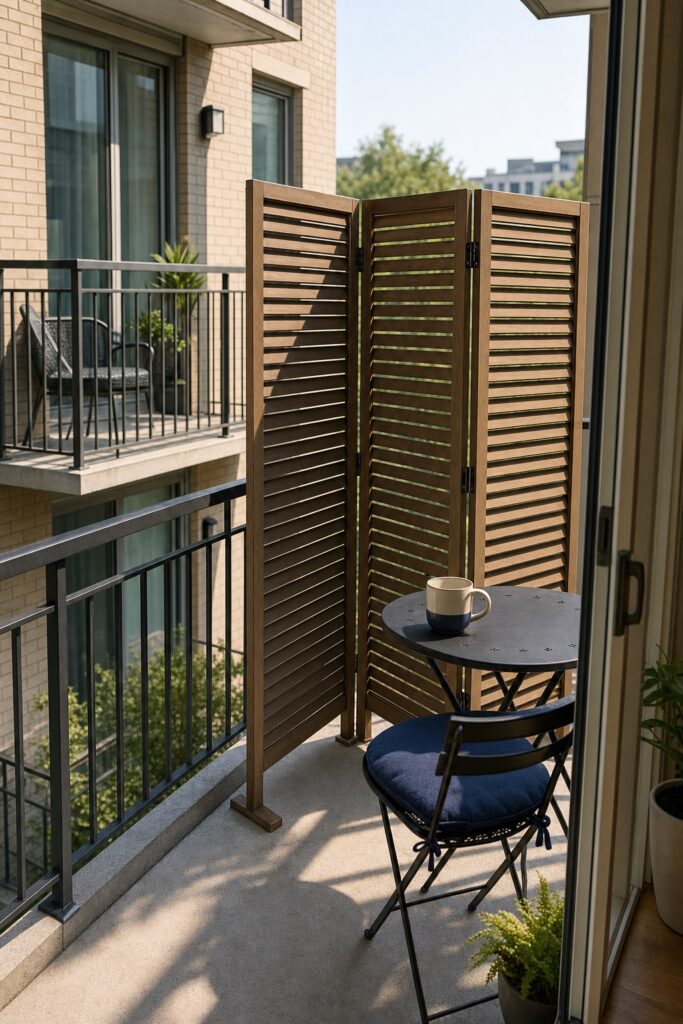Folding freestanding privacy screen blocking the view from a neighboring balcony beside a small bistro set