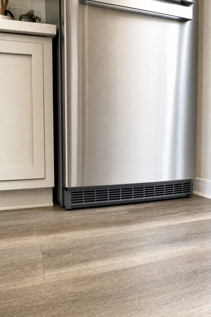 Bottom grille of a refrigerator at floor level, completely clear, with a visible gap between the fridge and the cabinet beside it