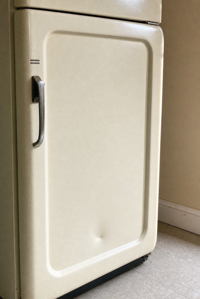 Close view of an older fridge door with a recessed center panel and a rounded edge, the shapes vinyl struggles to cover
