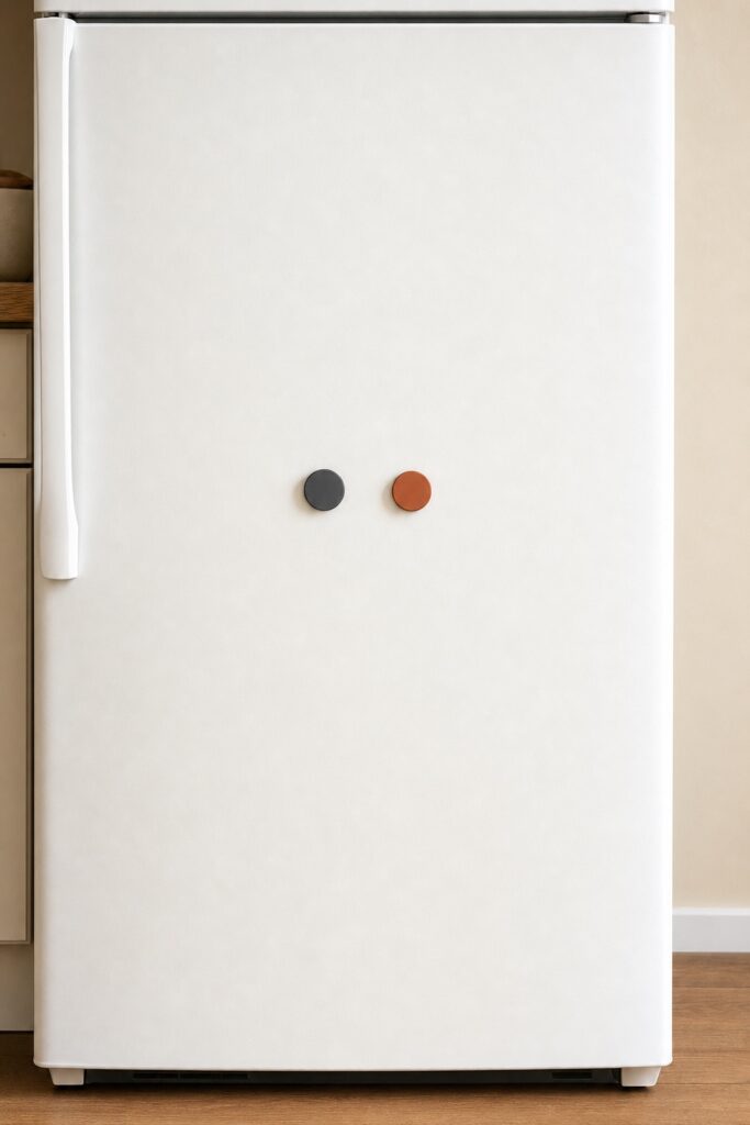 Two small plain magnets holding firmly to the middle of a white fridge door with nothing else on it