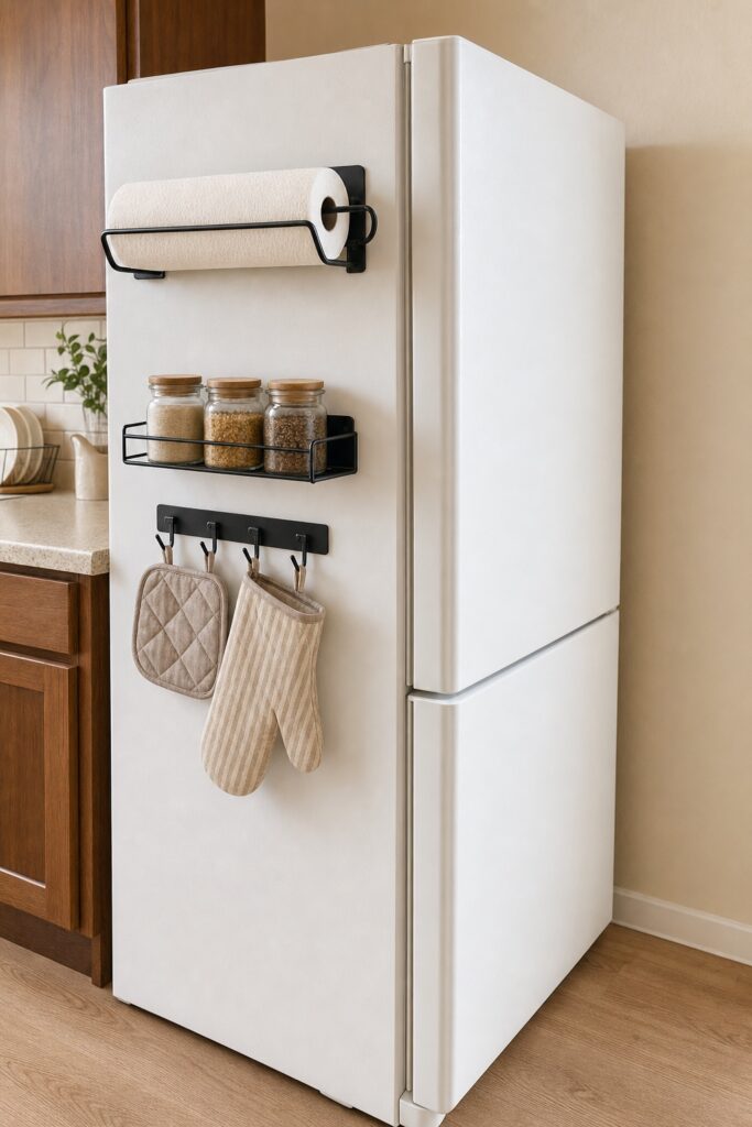 Magnetic paper towel holder and shallow shelf on the exposed side of a fridge with the front left bare