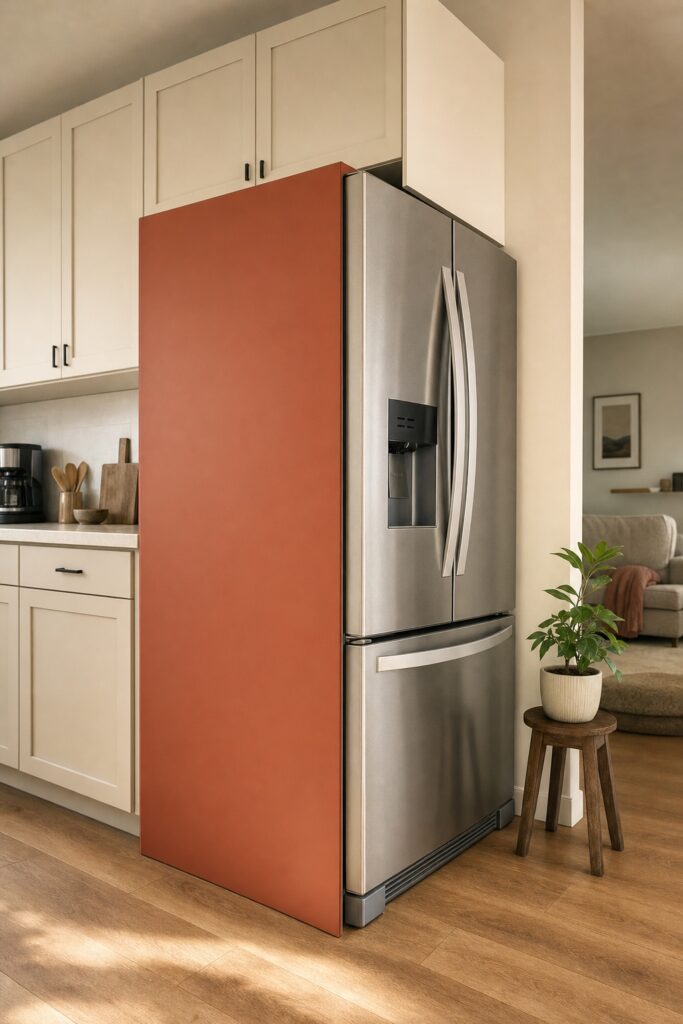 Fridge at the end of a cabinet run with only its exposed side panel covered in matte color and the front left plain