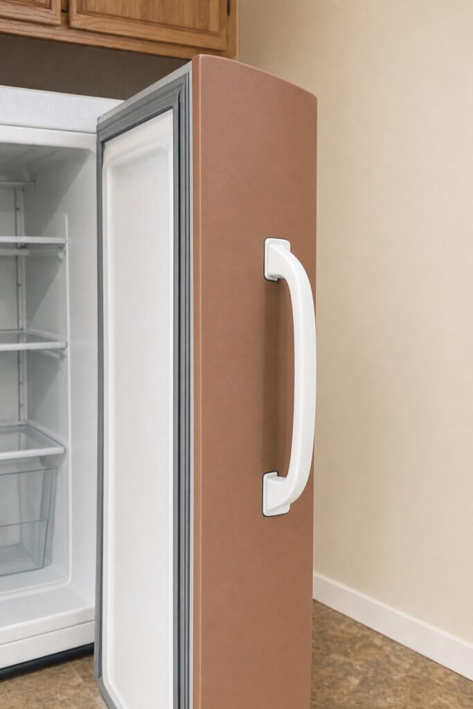 Open fridge door edge showing wrap carried around the outer edge and the rubber door seal left completely bare