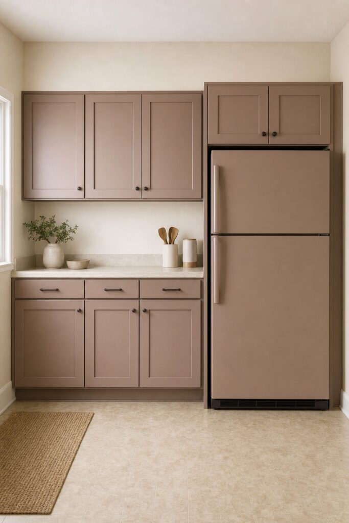 Small kitchen where the wrapped fridge matches the cabinet color so the whole run reads as one continuous line