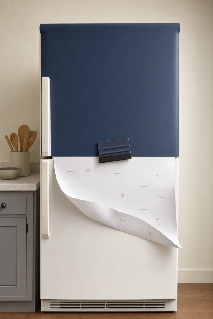 Fridge door half covered in matte navy vinyl with the backing paper peeled down and a felt squeegee resting on the applied edge
