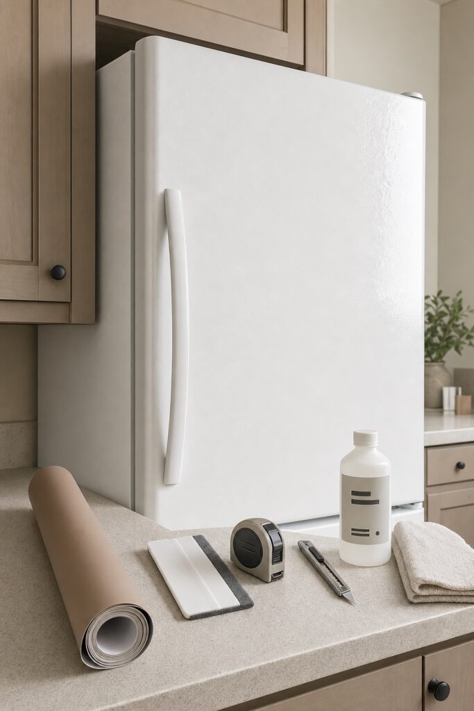 Bare clean fridge door with a roll of matte vinyl, a felt squeegee, a tape measure and a cloth on the counter beside it