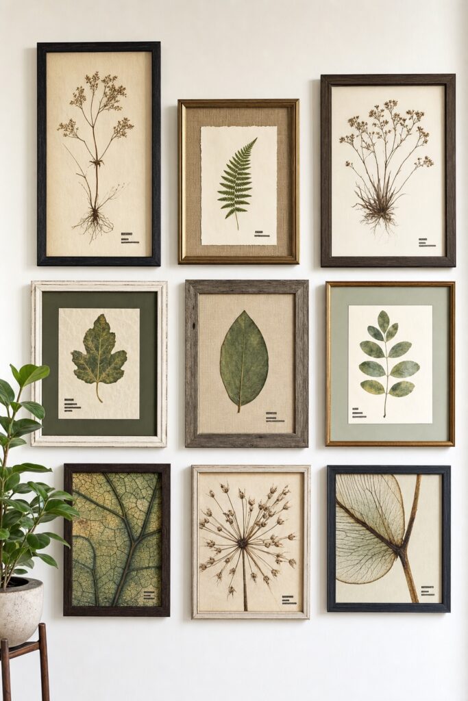Nine plant pieces in mixed frames showing whole plants, single leaves and close details