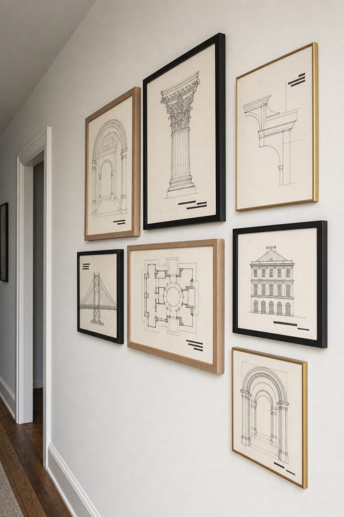 Seven architectural line drawings of arches, plans and structures in mixed frames along a narrow wall