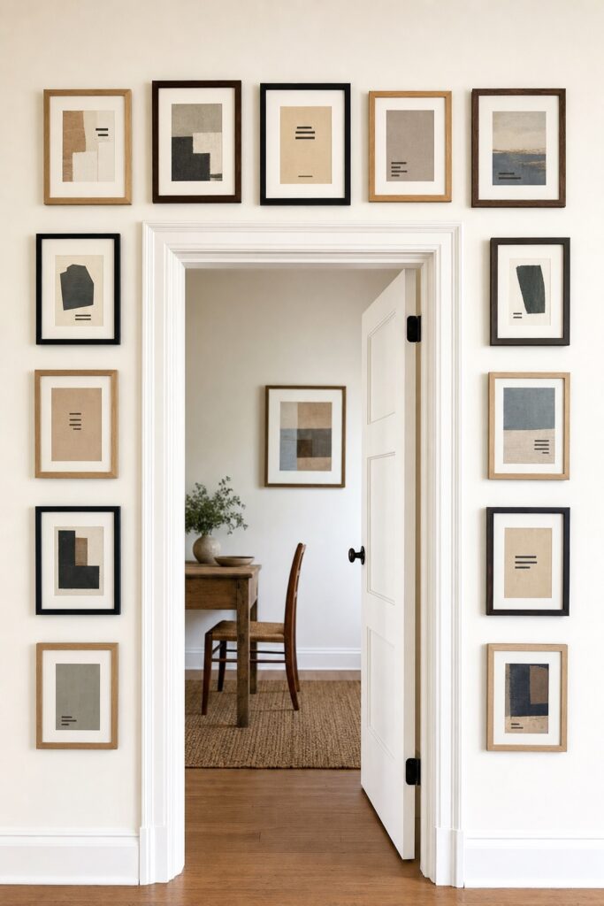 Framed pieces arranged over and beside a door frame, using the door's rectangle as part of the composition