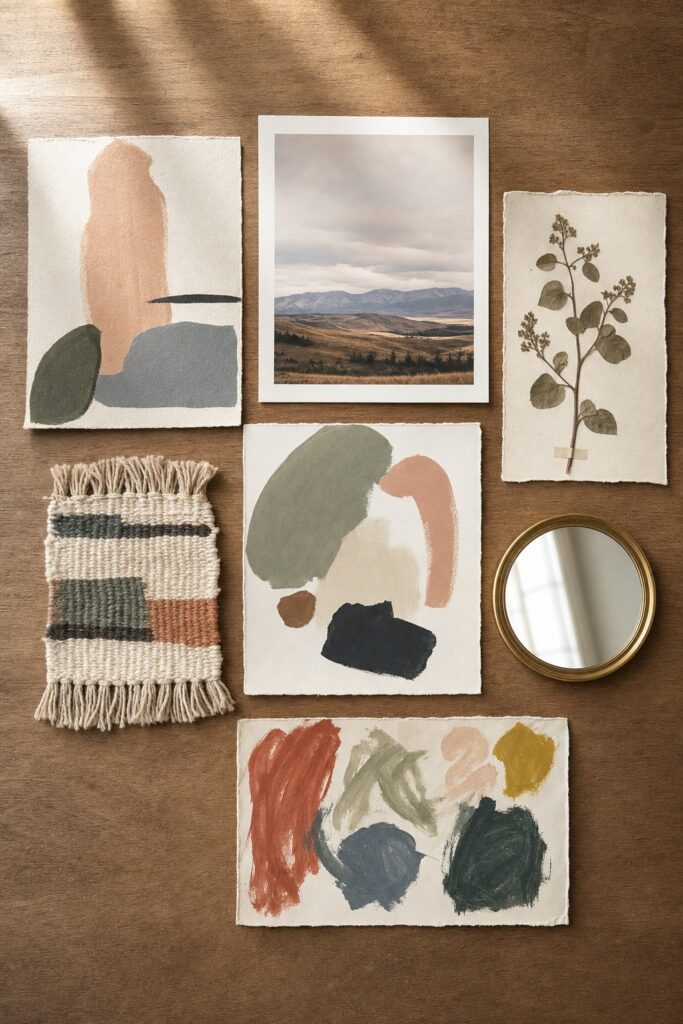 Flat-lay of gallery wall art options on a wood table: wordless abstract prints, a landscape photo, a pressed botanical page, a woven textile piece, and a small round mirror.