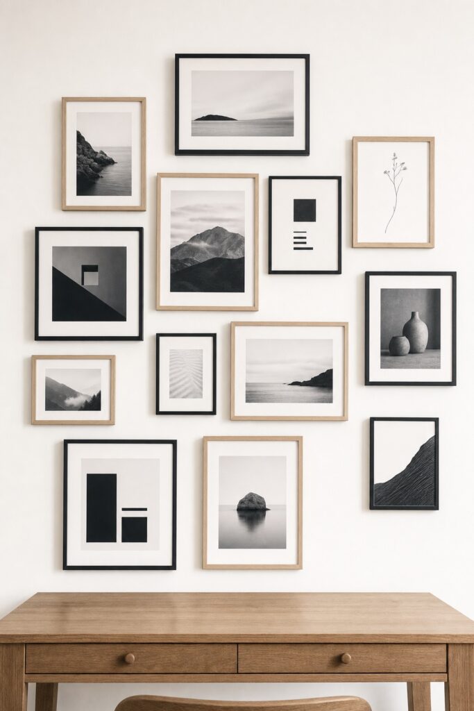 Twelve black-and-white pieces in mixed frames above a desk, with matched paper tones