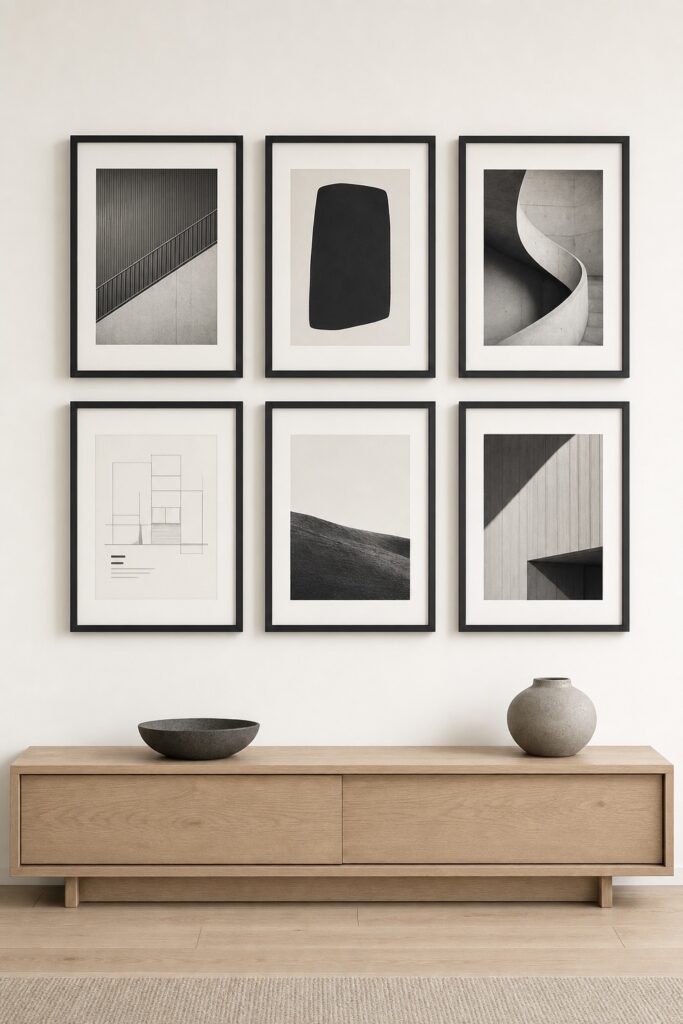 Six identical thin black frames in two rows of three above a console in a pale neutral room
