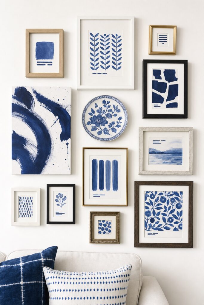 Ten mismatched frames and objects in a living room, every piece blue and white