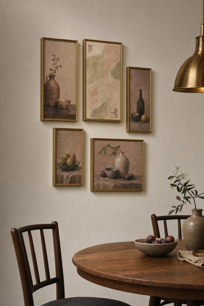 Five narrow brass frames in mixed sizes above a dining nook with muted still-life art inside