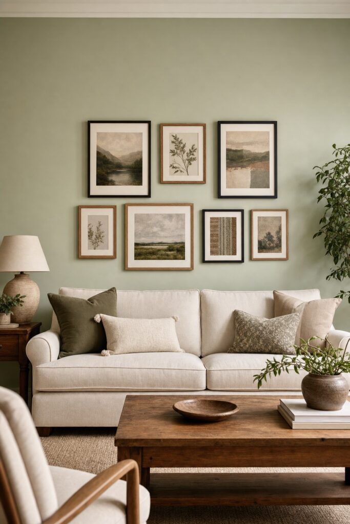 Gallery wall hung correctly above a sofa: arrangement centered at eye level, frames close together, spanning about two-thirds of the sofa width.