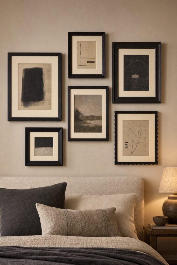 Six near-black frames of different profiles above a bed, each with the same warm cream mat