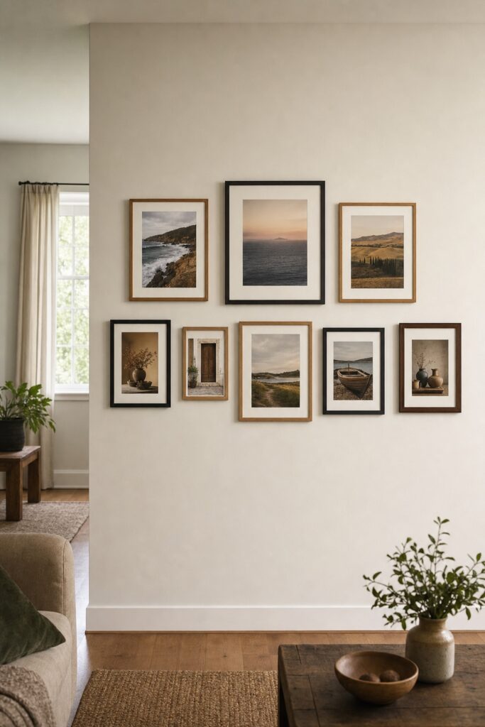 Eight framed photographs in mixed frames on an interior wall away from the window and any radiator