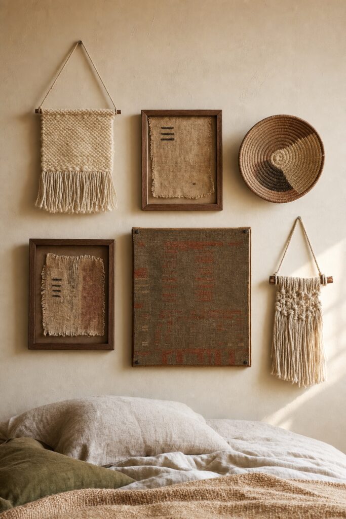 Six textile pieces on a bedroom wall including a woven hanging, framed fabric and a flat basket